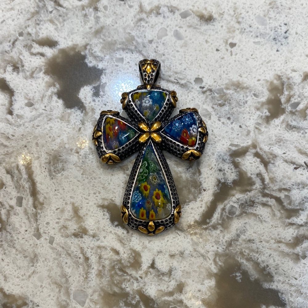 Floral Millefiori Glass Cross Pendant - Multicolor